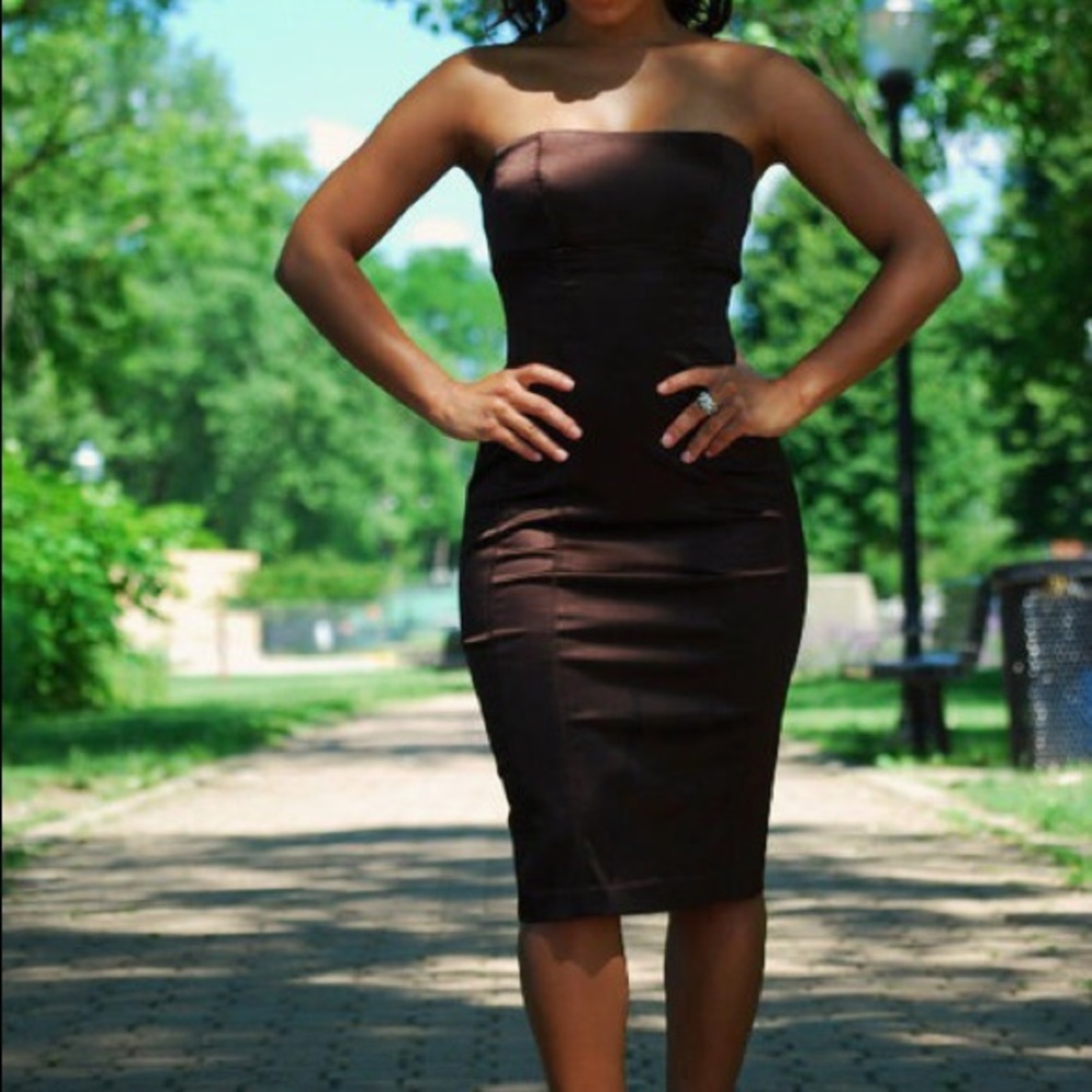 Bebe Satin Brown Strapless Dress